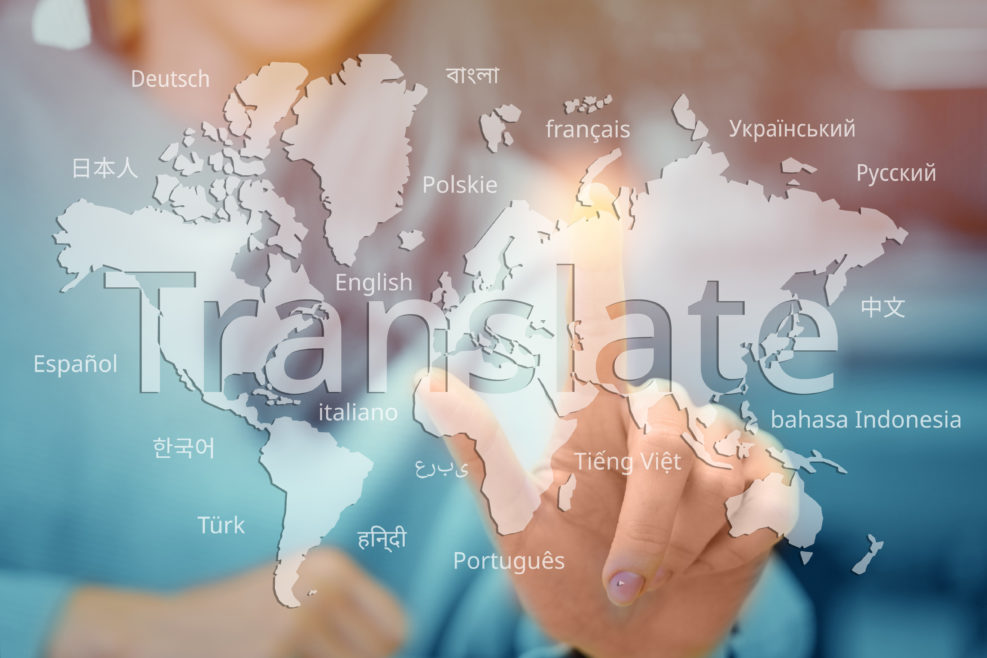Concept of translation from different languages on an abstract world map