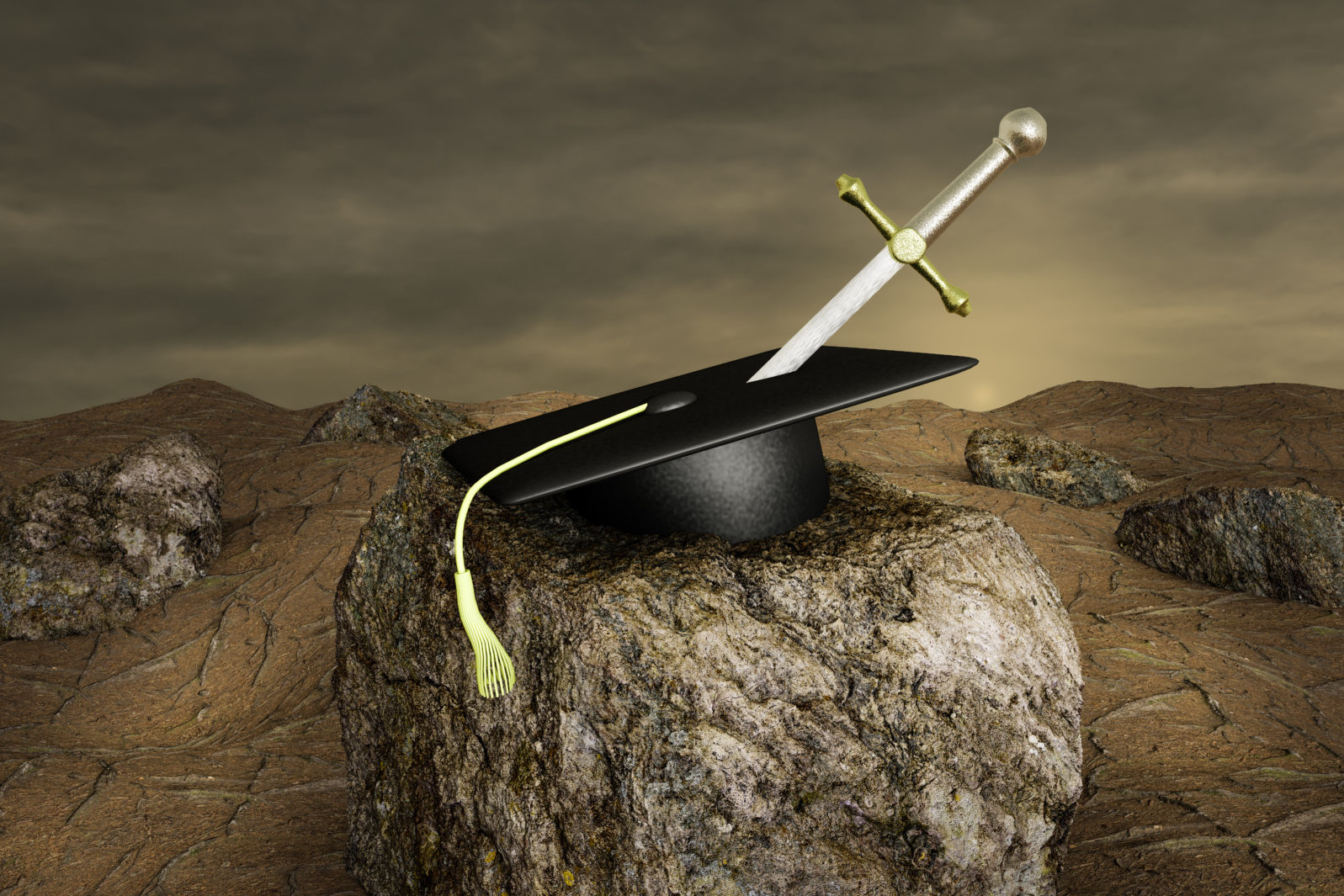 Excalibur in graduation hat on stone at sunset day. Congratulate the graduates or education congratulation or academic freedom concept. 3D illustration