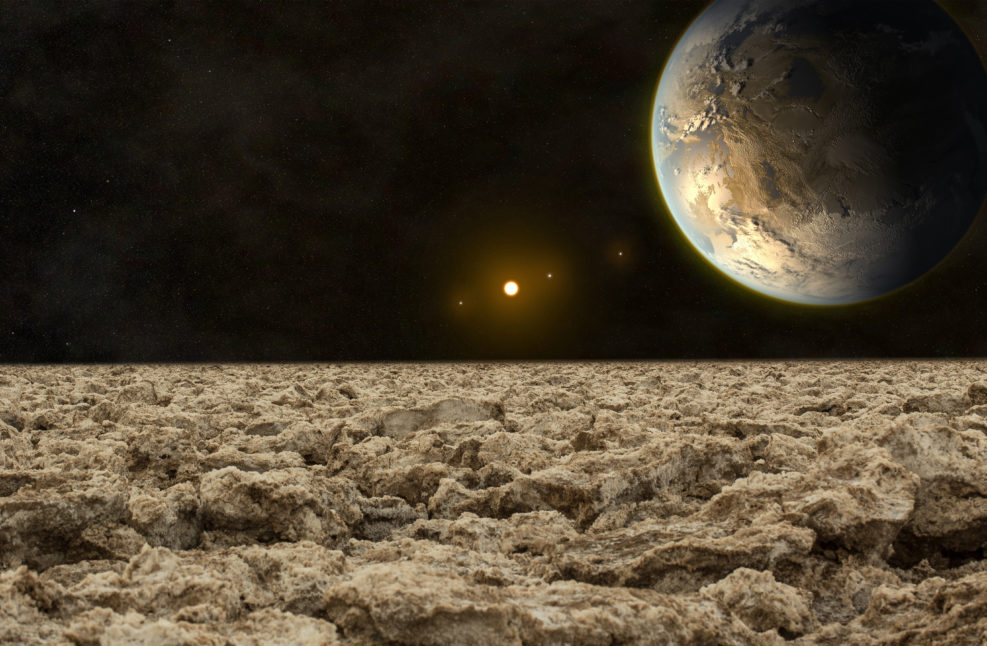 exoplanet viewed from the rocky surface of its moon, elements of this image furnished by NASA.