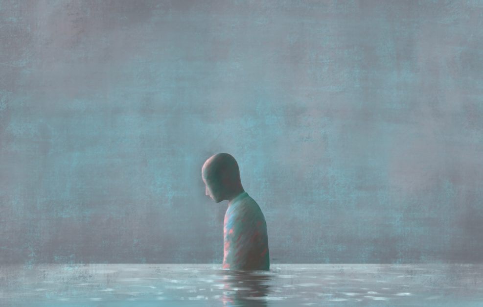 Lonely Human with water reflection, emotion, sadness  loneliness, depression, mental health, fantasy painting, surreal illustration