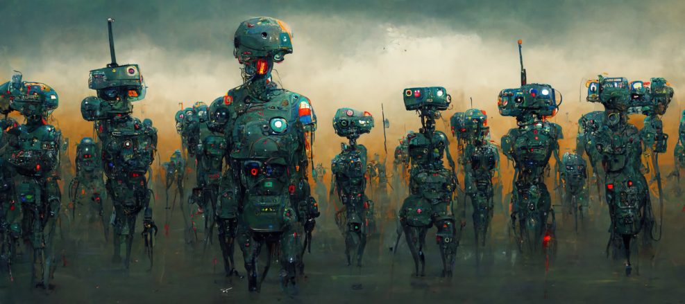 Military artificial intelligence arms race to produce an AI enabled army with autonomous robot soldiers and weapon systems, conceptual illustration