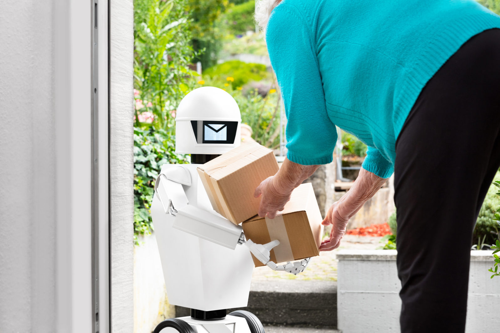 senior woman is receiving post from an futuristic robotic delivery service