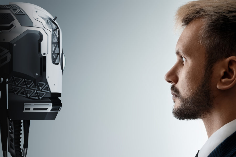 The face of a businessman and a robot opposite each other look into the eyes. Modern technologies, robot versus human, artificial intelligence, neural networks. 3D render, 3D illustration.