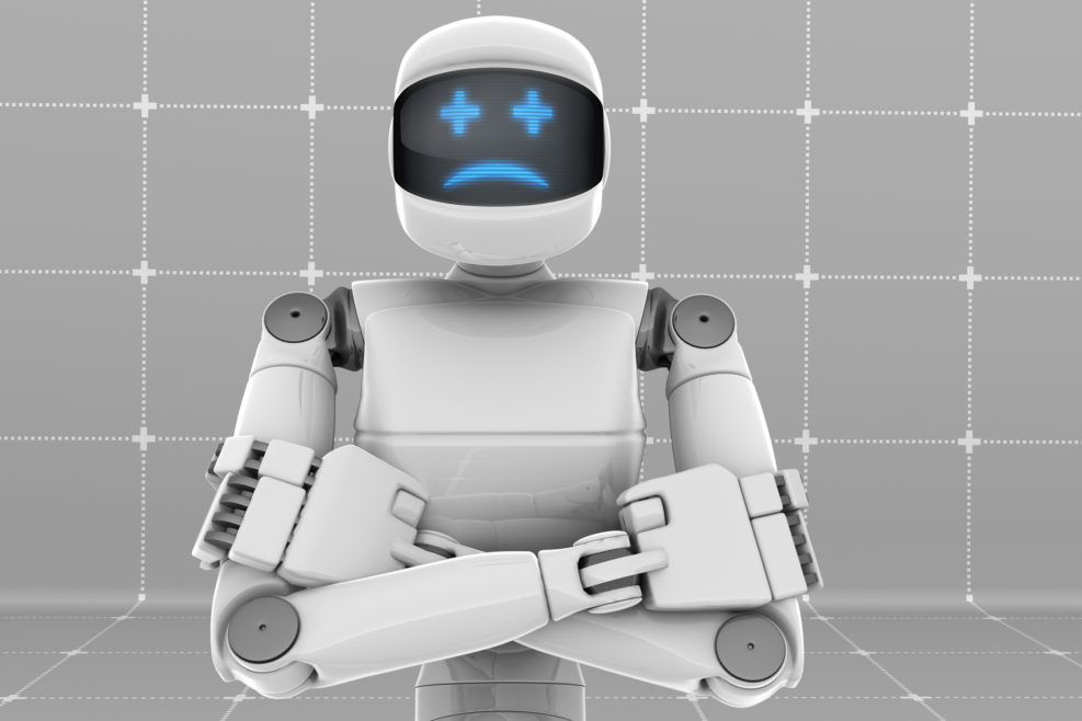 White futuristic robot, crossed arms, unhappy face