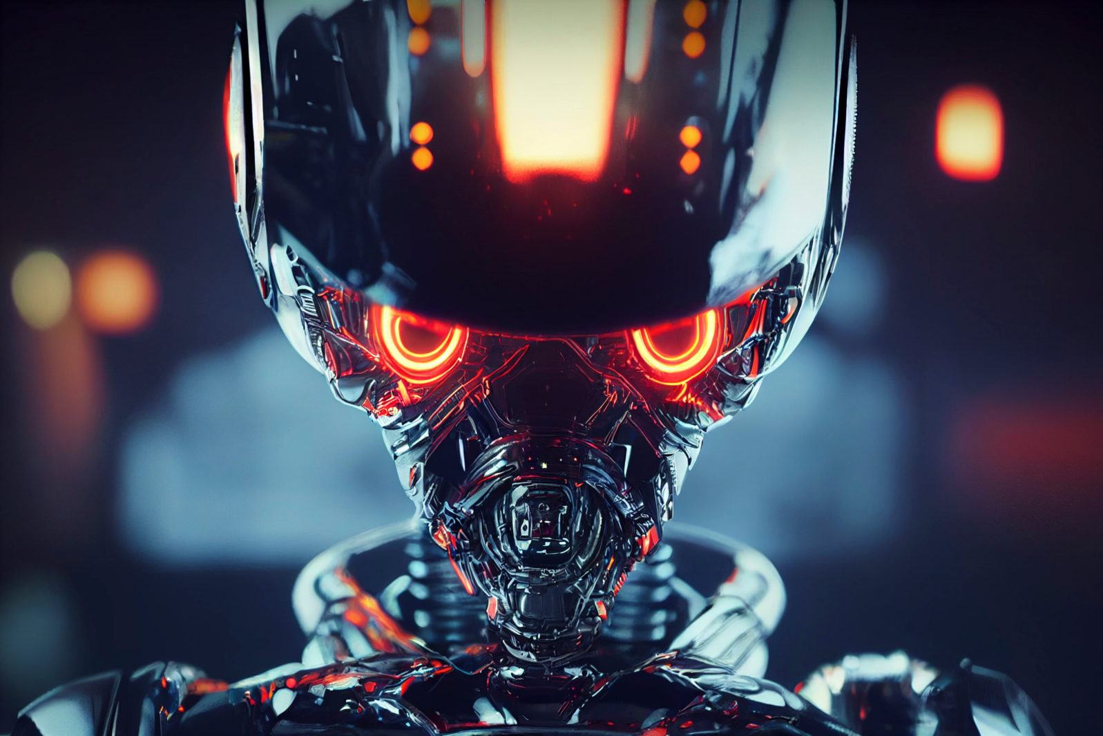 Evil robot, glowing lights, shiny metalic parts