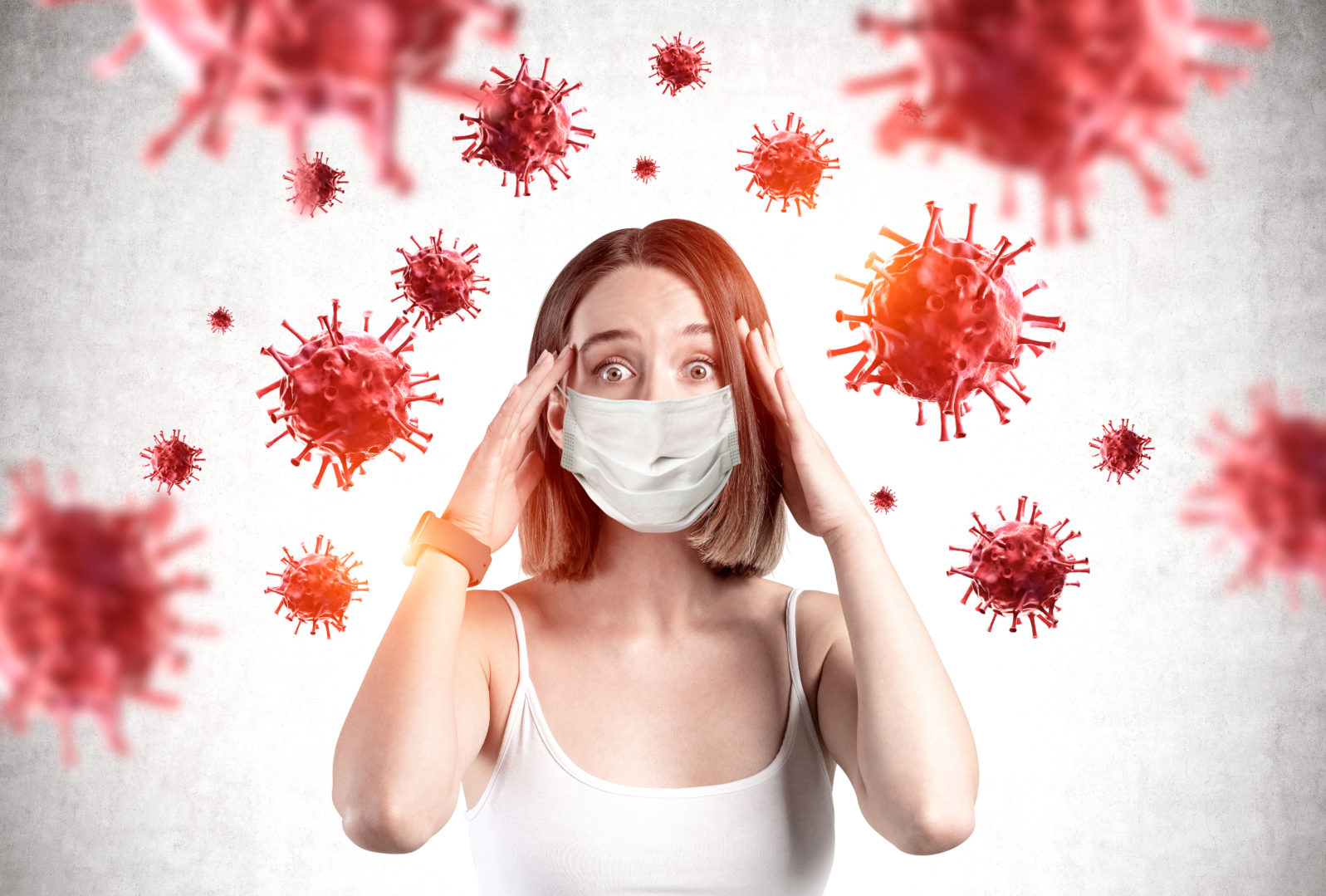 Scared young girl in mask, coronavirus panic