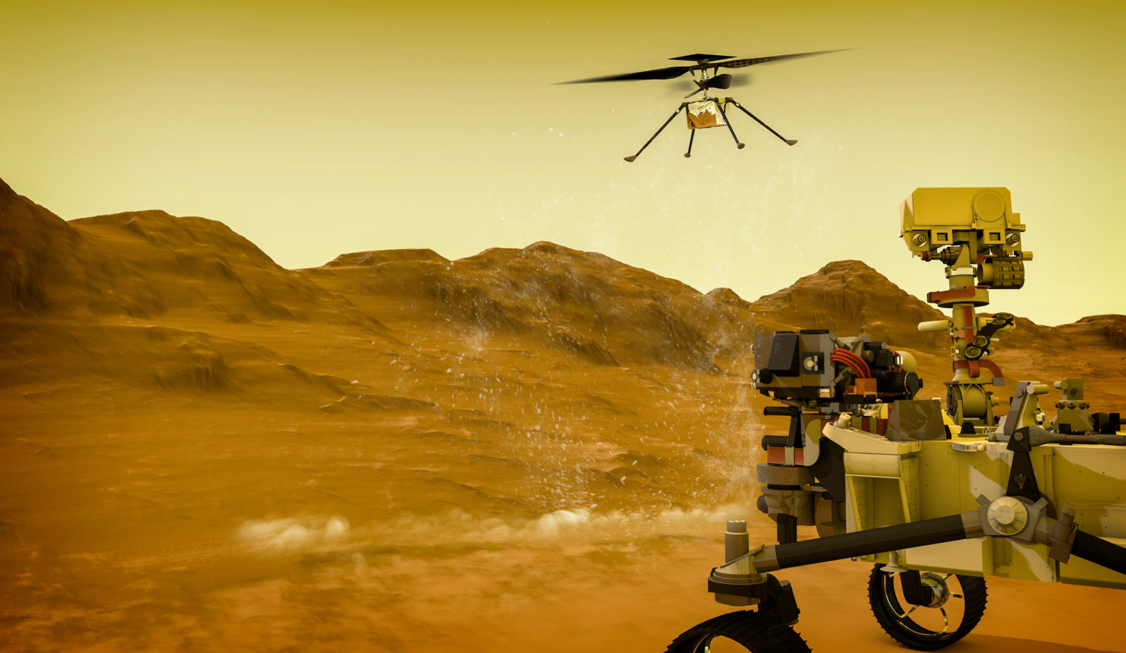 The Ingenuity drone-helicopter has separated from the Perseverance rover on Mars and prepares for its first flight. 3d render. Element of this image are furnished by NASA