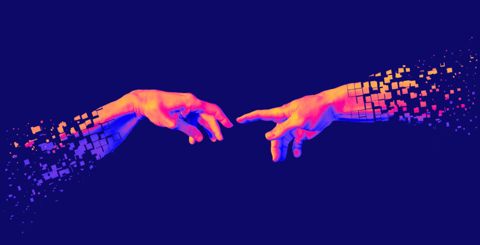 Disintegrating reaching hands concept illustration in vaporwave style color palette isolated on blue background.