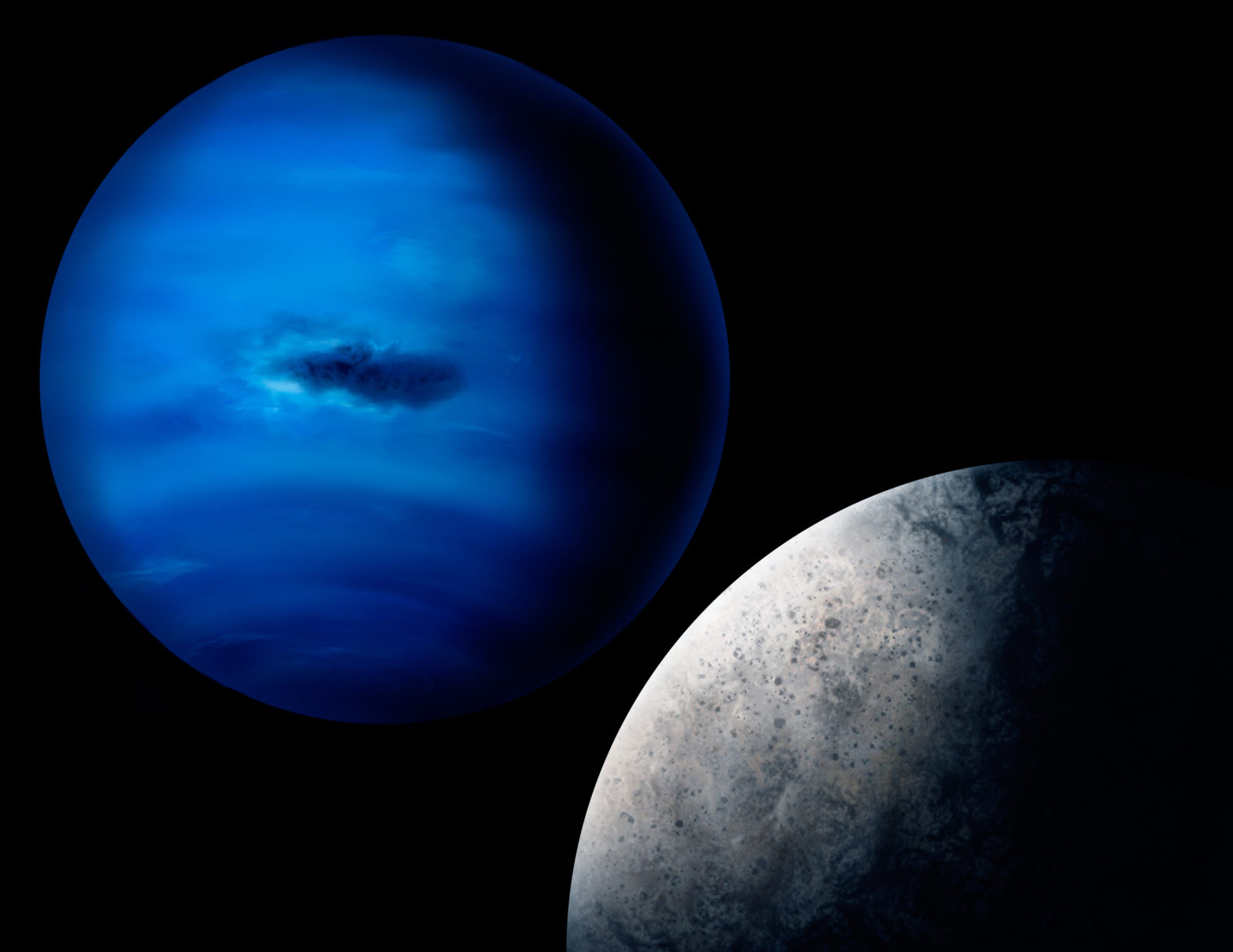 digital painting of the planet Neptune and Triton