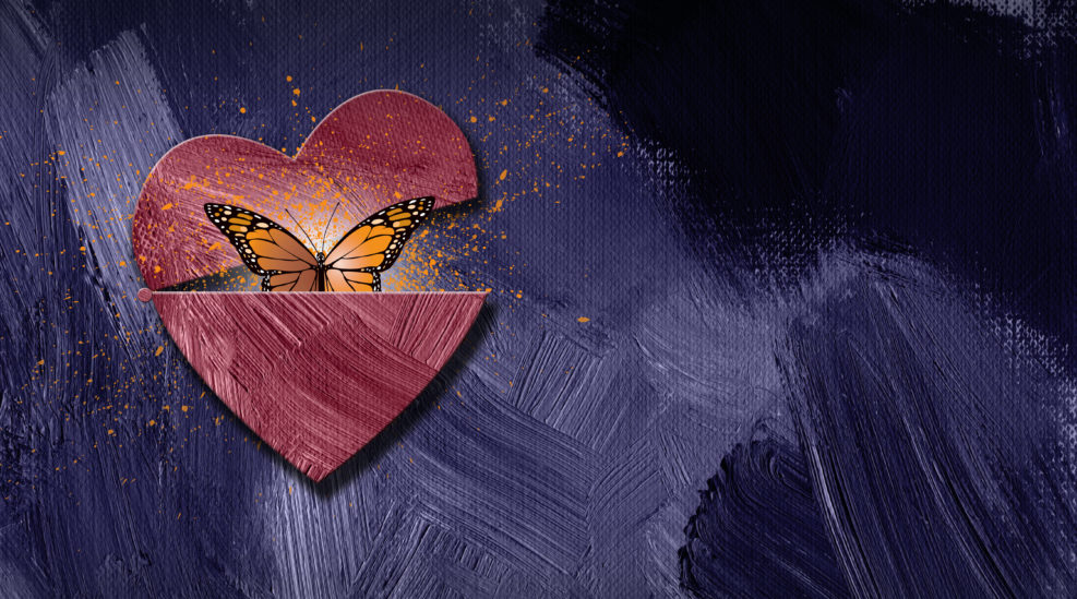 Graphic abstract butterfly escapes opening heart background