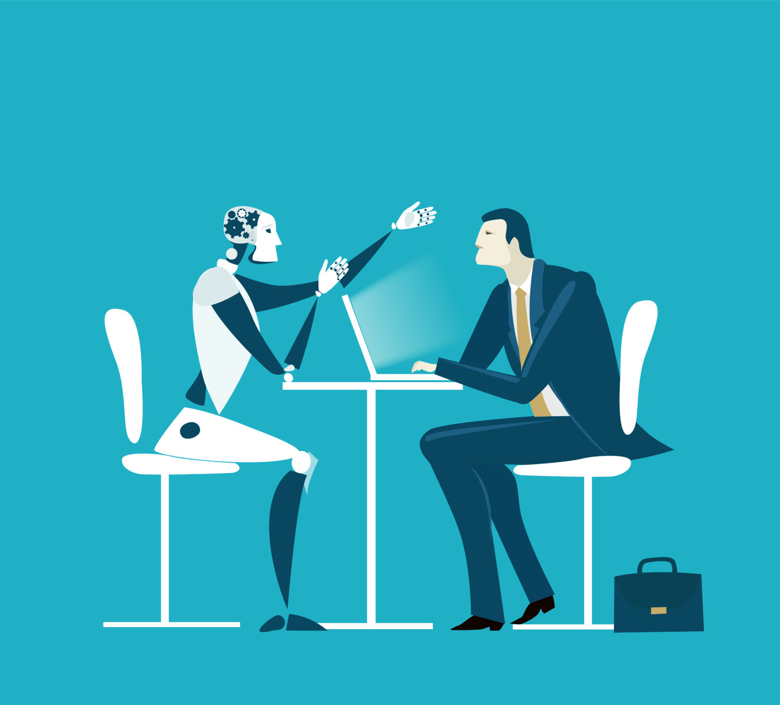 Businessmen and robot having discussion. Future reality, artificial intellect. Humans vs robots.