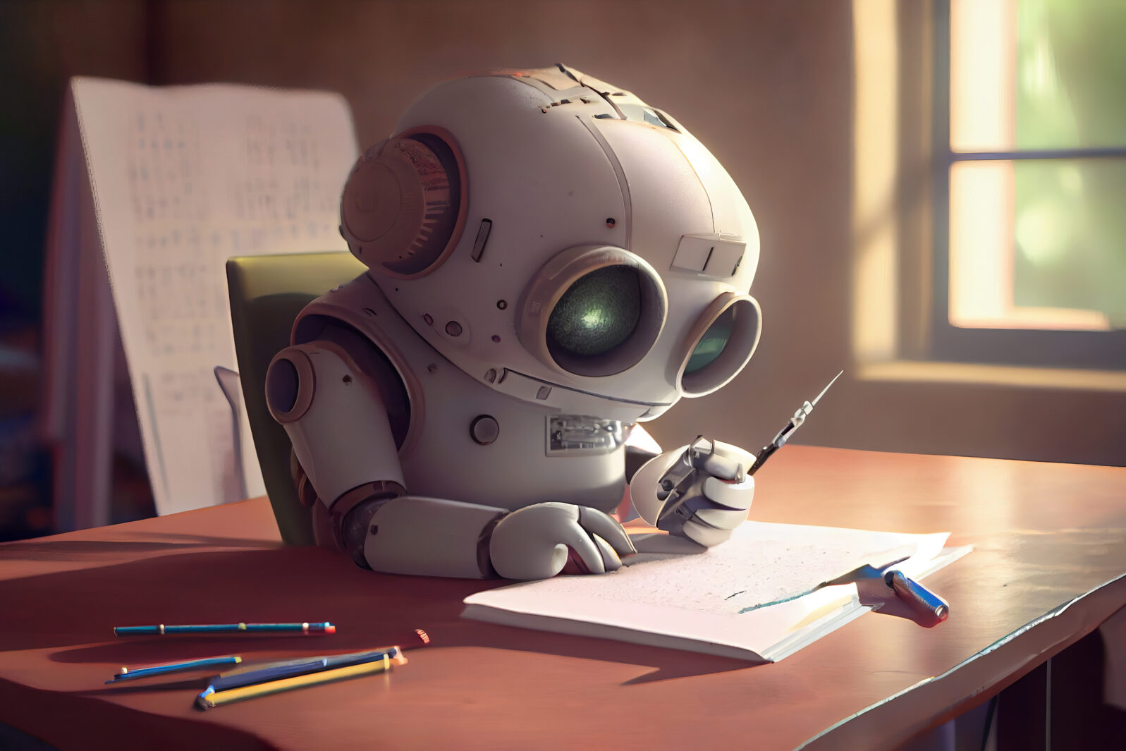 Generative AI illustration of cute little robot reading assignment on paper during exam at school
