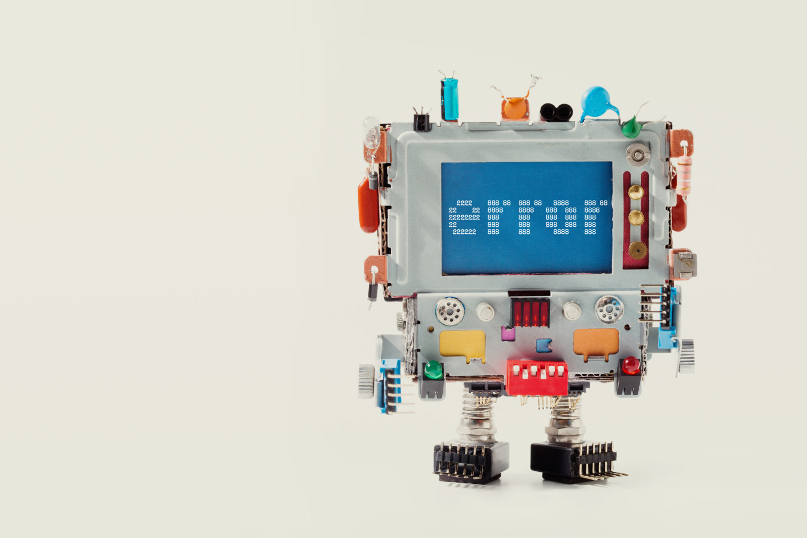 Error page template for website. Retro robot with monitor computer head. Warning message on blue screen. macro view copy space