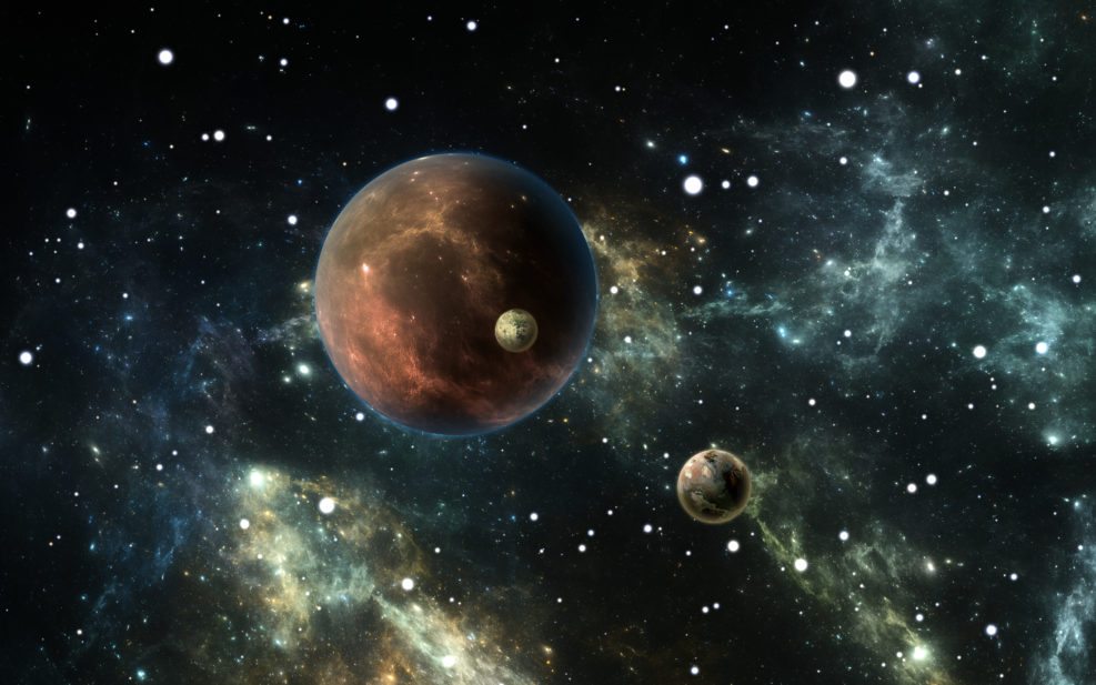 Exoplanets or Extrasolar planets with stars on background nebula, 3D illustration