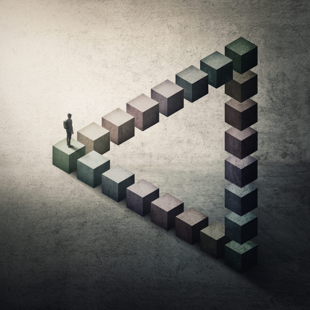 Lost and confused man walks puzzled on a penrose triangle. Perplexed person looks disoriented ahead, don't know which way to choose. Surreal and conceptual scene, mental maze, optical illusion