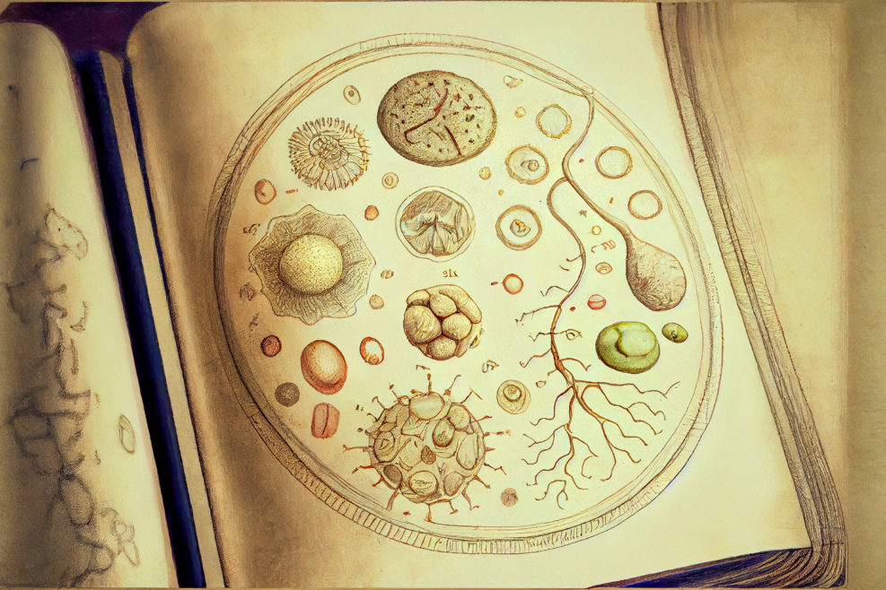 Drawings of microbes in antique book with annotations on an abstract language, generative ai illustration