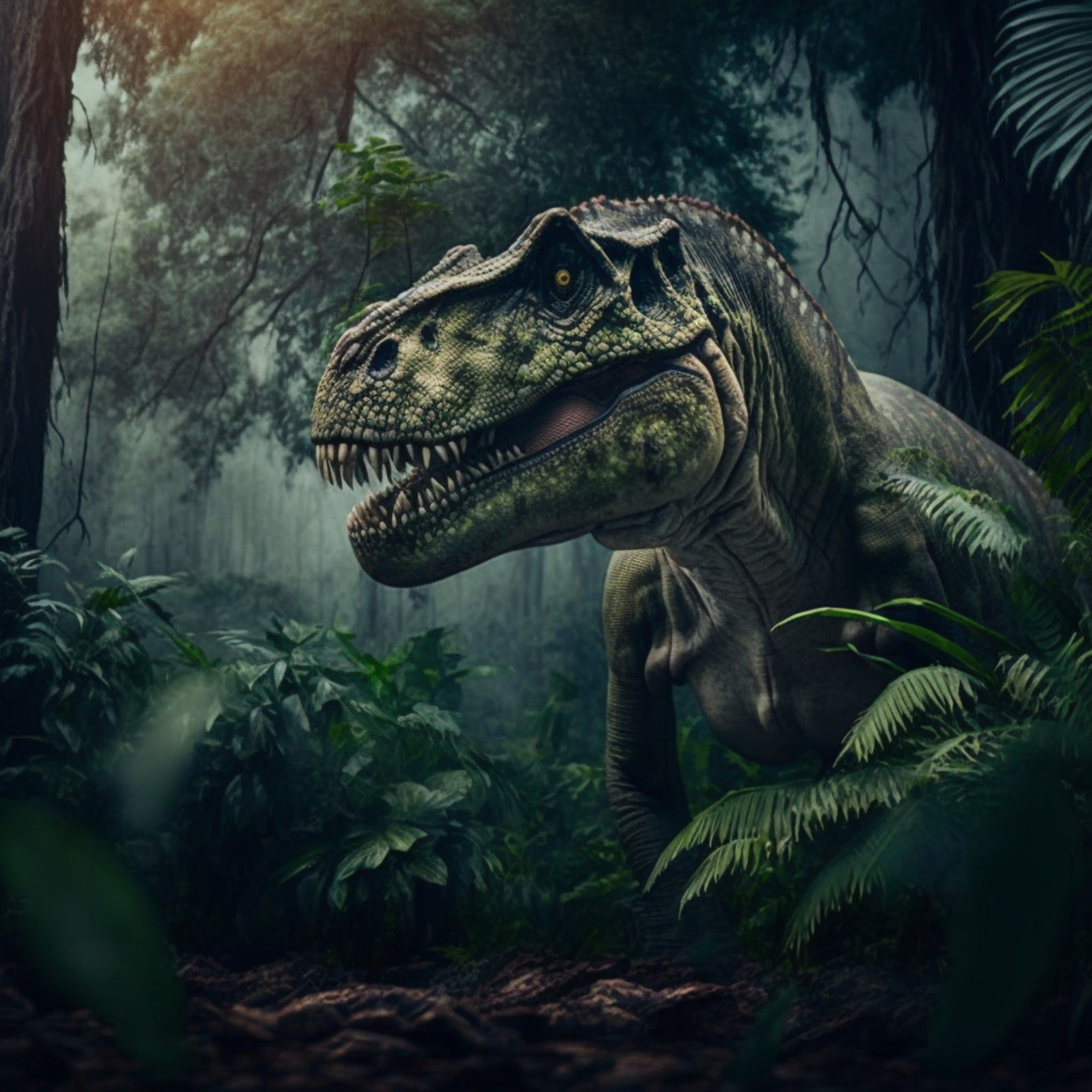 Tyrannosaurus Rex in the jungle. Generative AI.