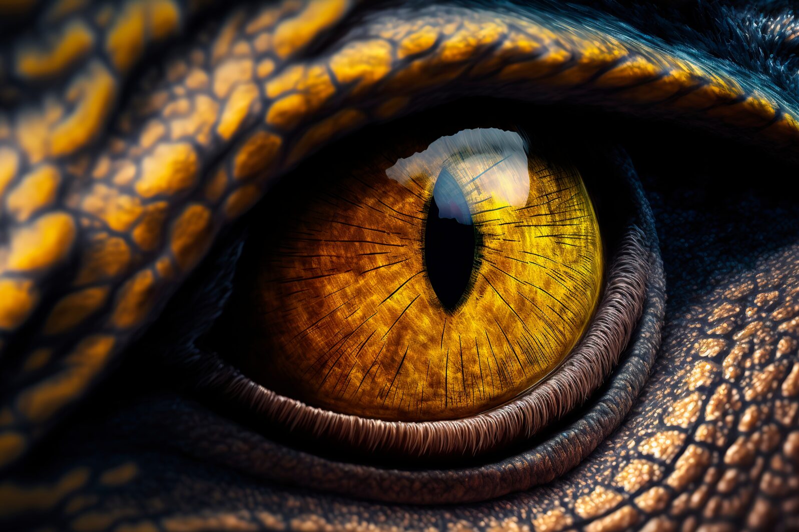 Dinosaur eye, Closeup yellow eye of the dinosaurs with terrifying. Dinosaur hunters are staring with horrible yellow eye.  Generative AI