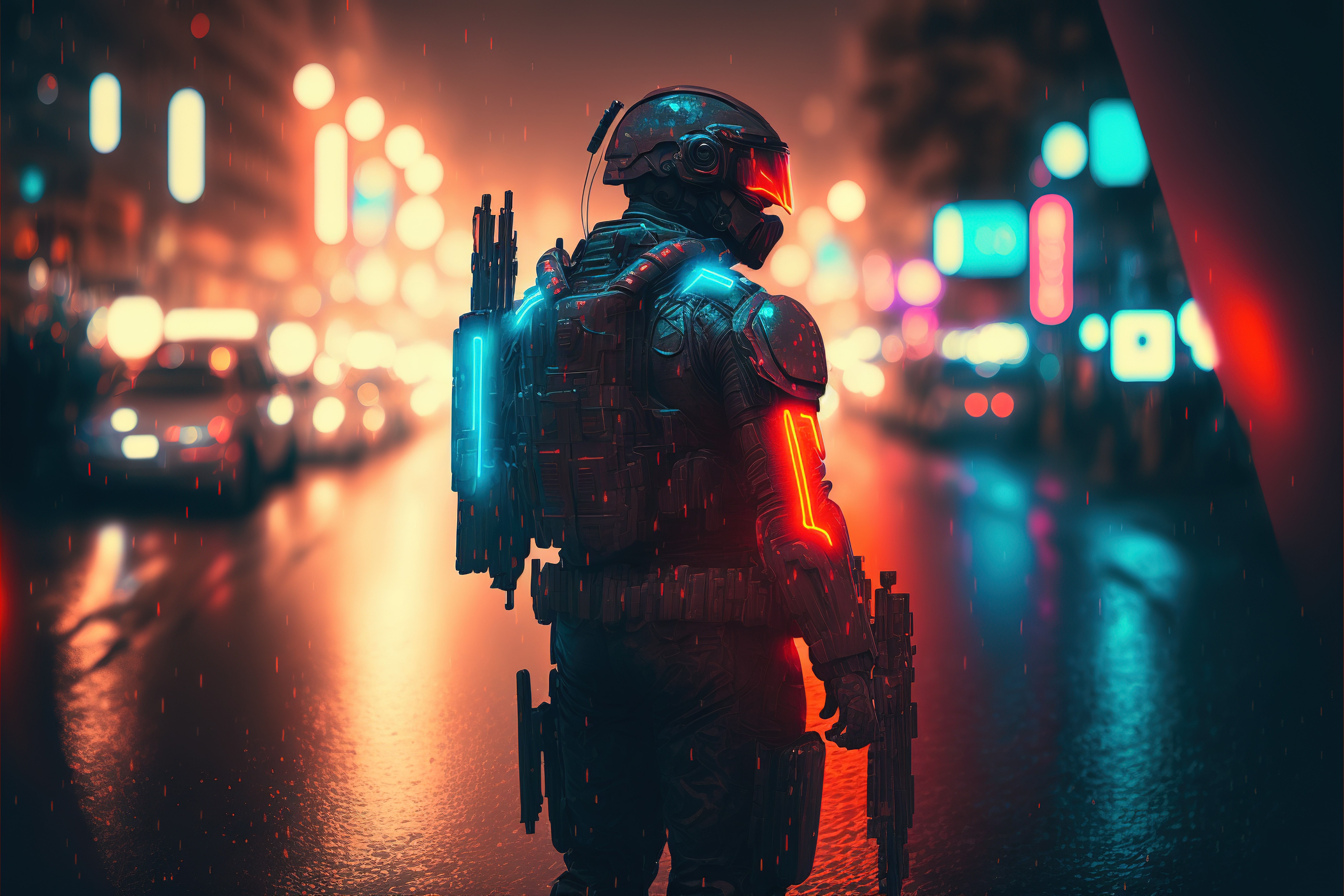 Armed super soldier with supersonic gun in the cyber city. cyberpunk city. cyborg. Robot. Generative AI