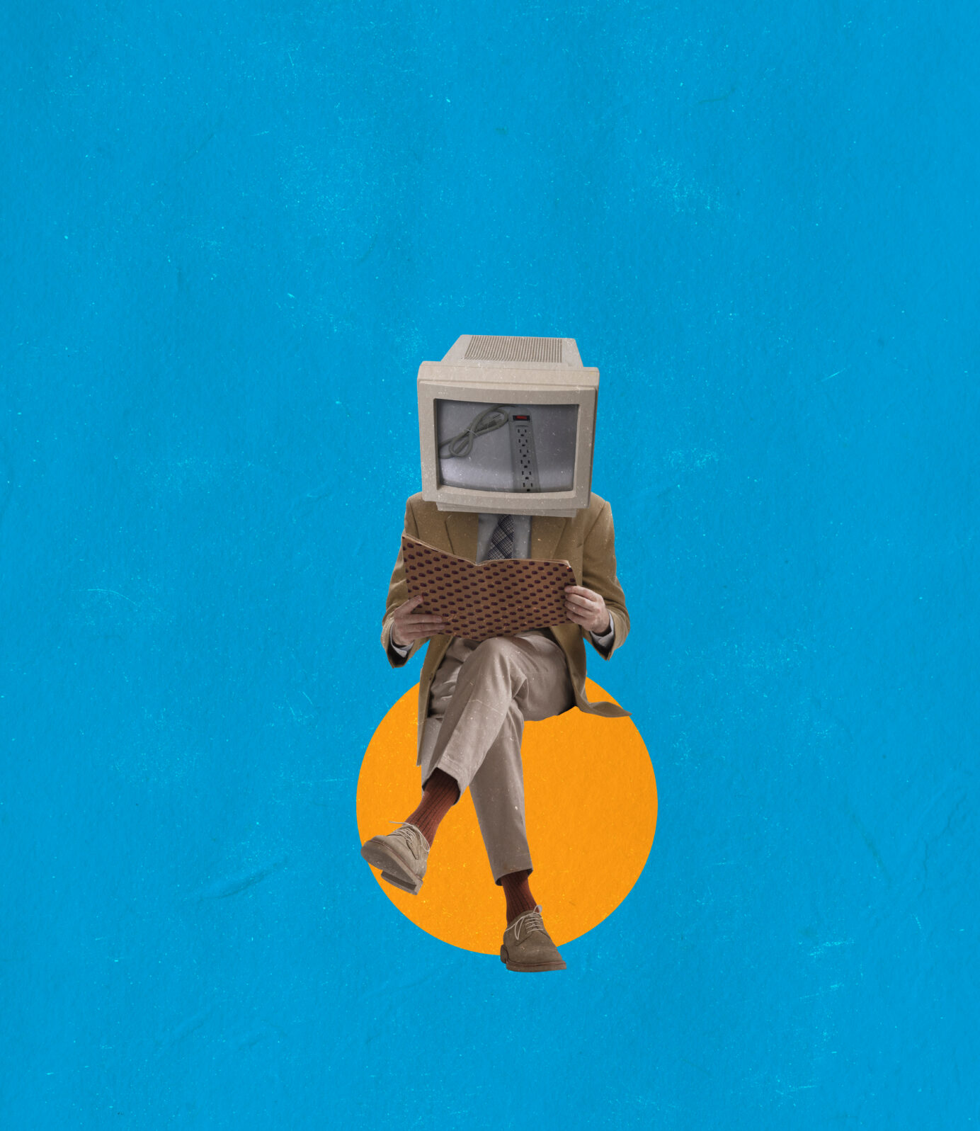 Retro style design. Contemporary art collage of man with vintage computer head reading isolated over blue background