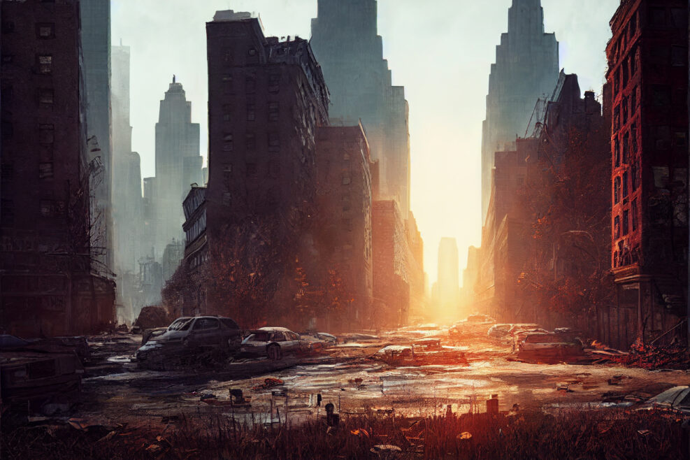 Concept art illustration of post-apocalyptic New York city