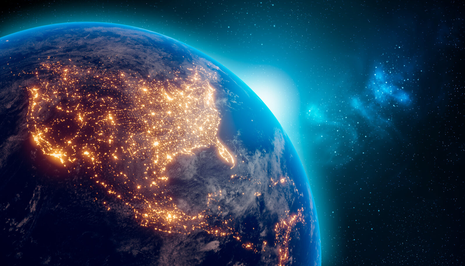 Earth at night from outer space with city lights on North America continent. 3D rendering illustration. Earth map texture provided by Nasa. Energy consumption, electricity, industry, ecology concepts.