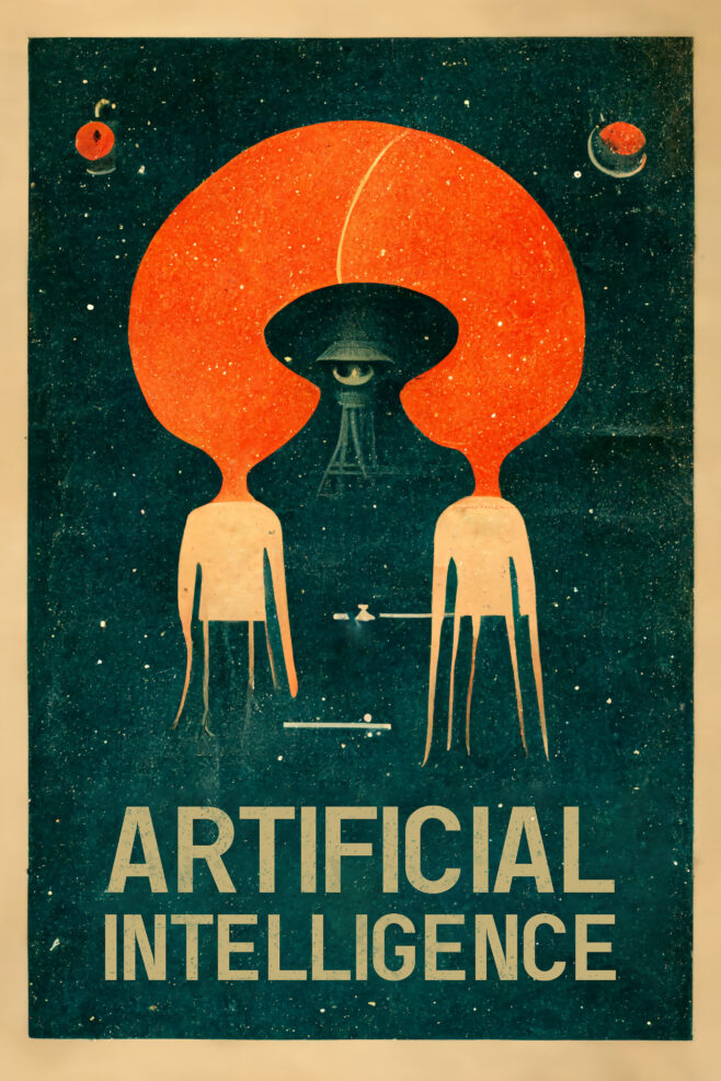 Artificial intelligence. Network in hive mind brain. Vintage futuristic poster.