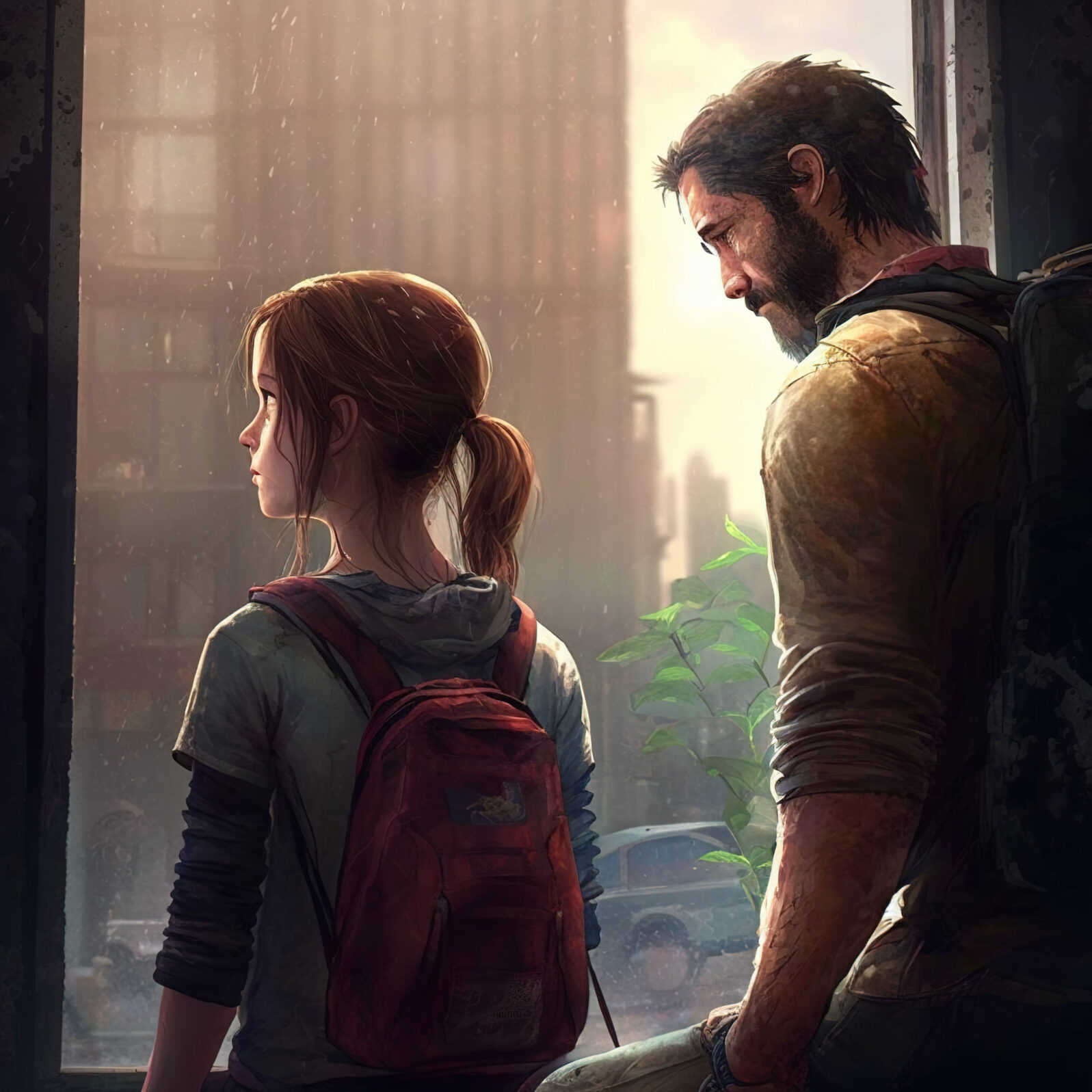 Man and girl in post apocalyptic city. The last of us style. Generative AI.