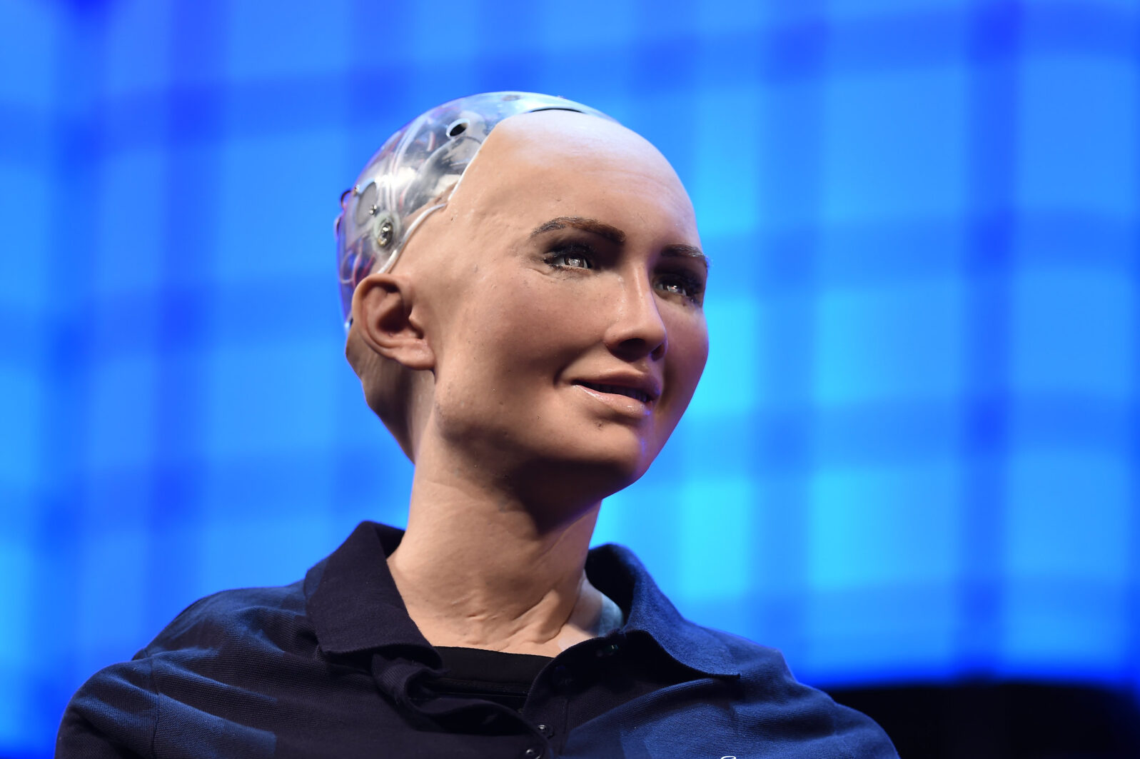 7 November 2017; Sophia the Robot, Chief Humanoid, Hanson Robotics & SingularityNET, on the Centre Stage during the opening day of Web Summit 2017 at Altice Arena in Lisbon. 