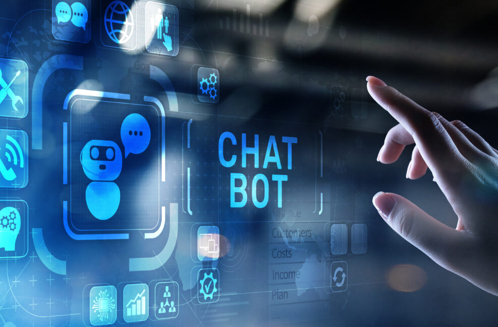 Chatbot computer program designed for conversation with human users over the Internet. Support and customer service automation technology concept.