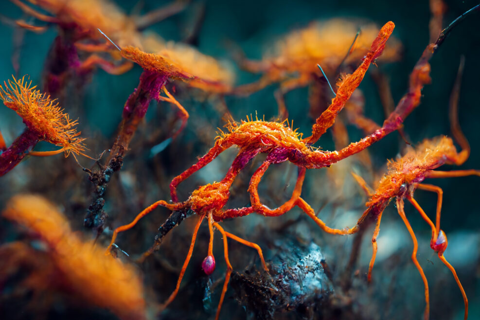 Wallpaper of cordyceps fungi, realistic detail photo macro, illustration, like the movie the last of us,