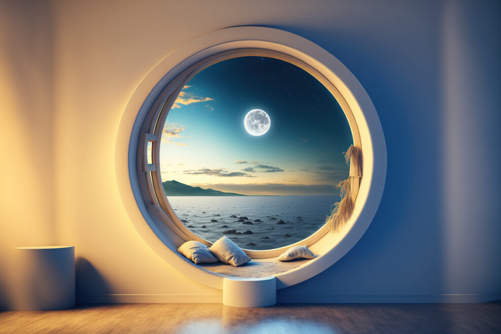 A room with round glass window overlooking beautiful landscape background . Hotel futuristic showroom with modern interior . Sublime Generative AI image .