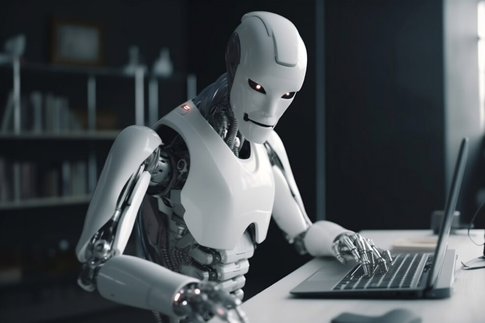 Humanoid robot programming on a laptop. Artificial intelligence replaces human employees concept. Generative AI