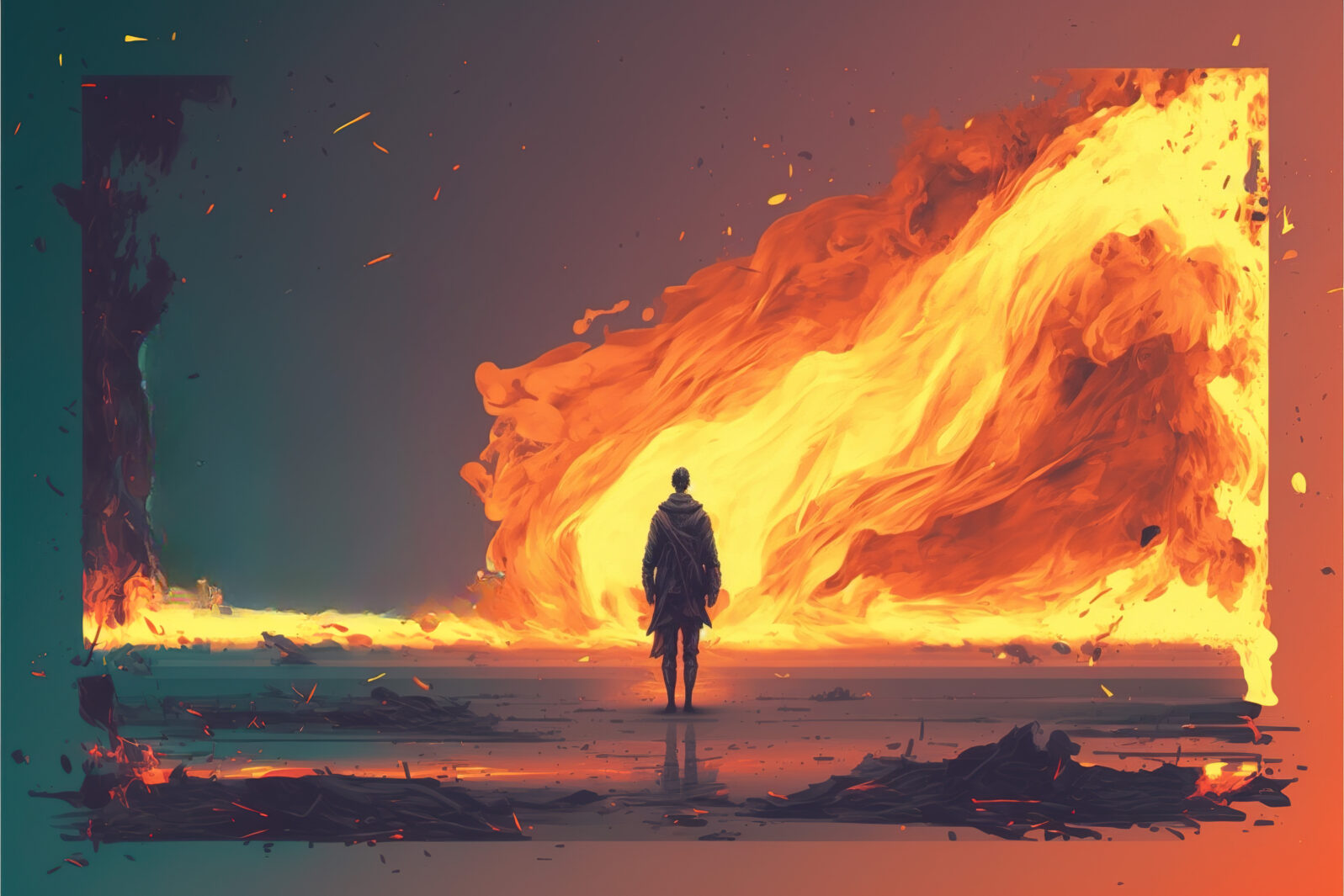 Man and flames, inspired by Fahrenheit 451. Gegenrative AI.