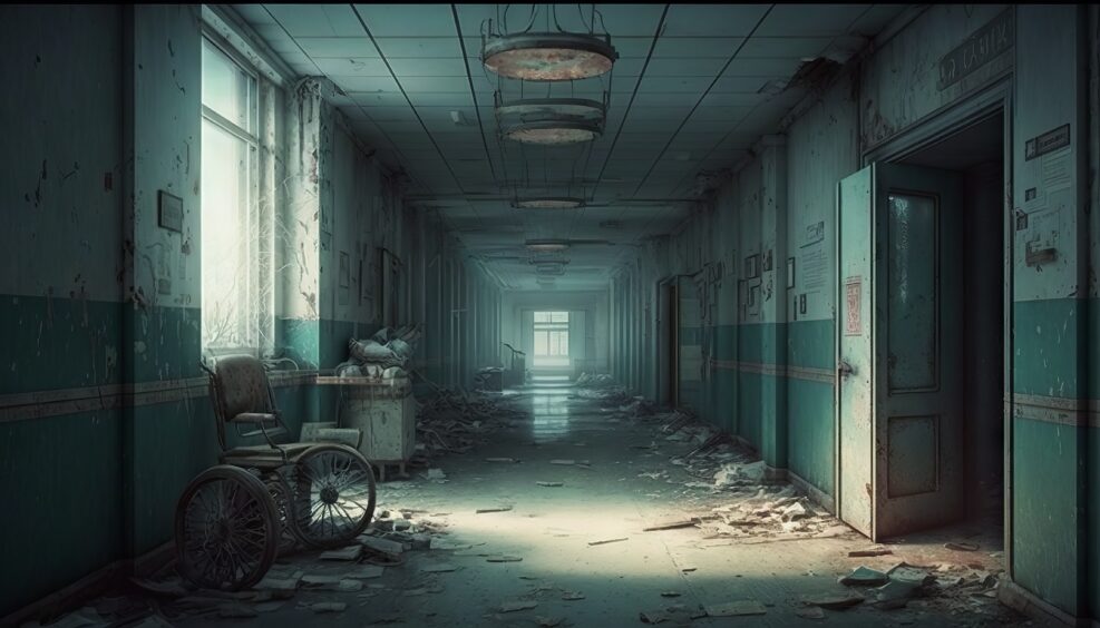 Interior of an abandoned hospital corridor. Generative AI