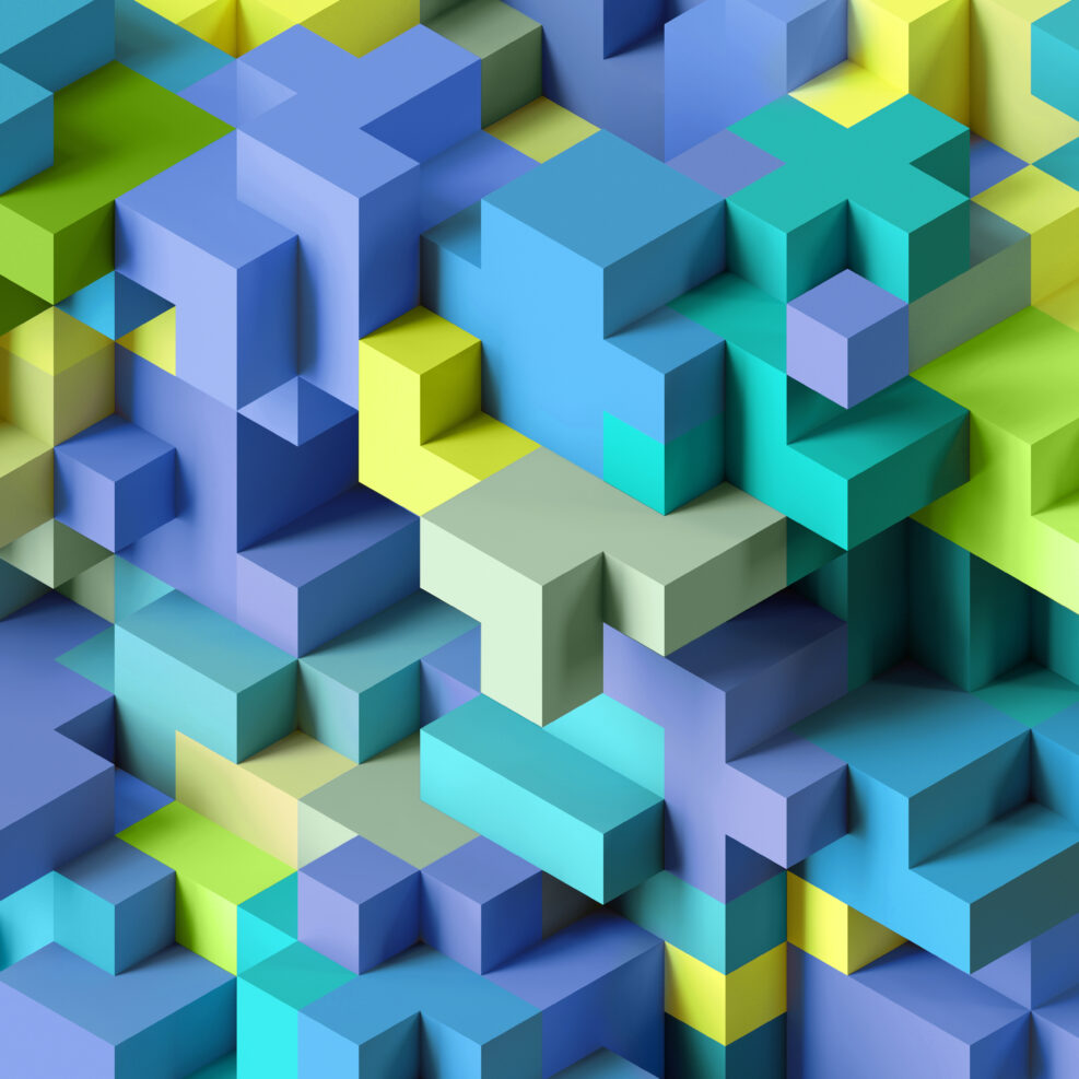 3d render, abstract geometric background, colorful constructor, logic game, cubic mosaic structure, isometric wallpaper, blue green cubes