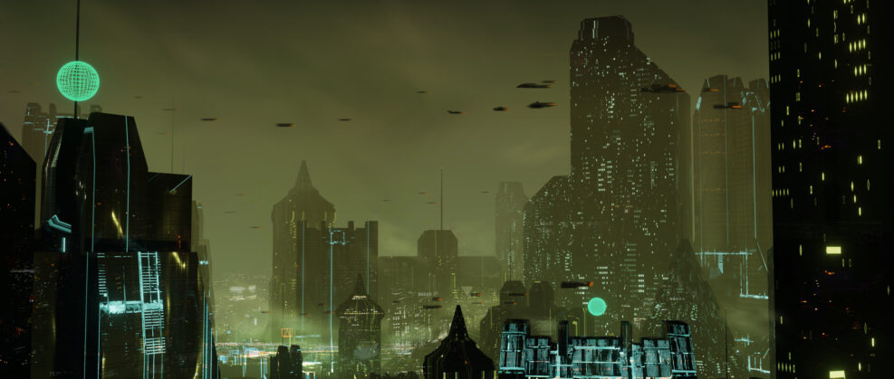 Futuristic dystopian city with flying cars and dark green atmosphere - digital 3d illustration
