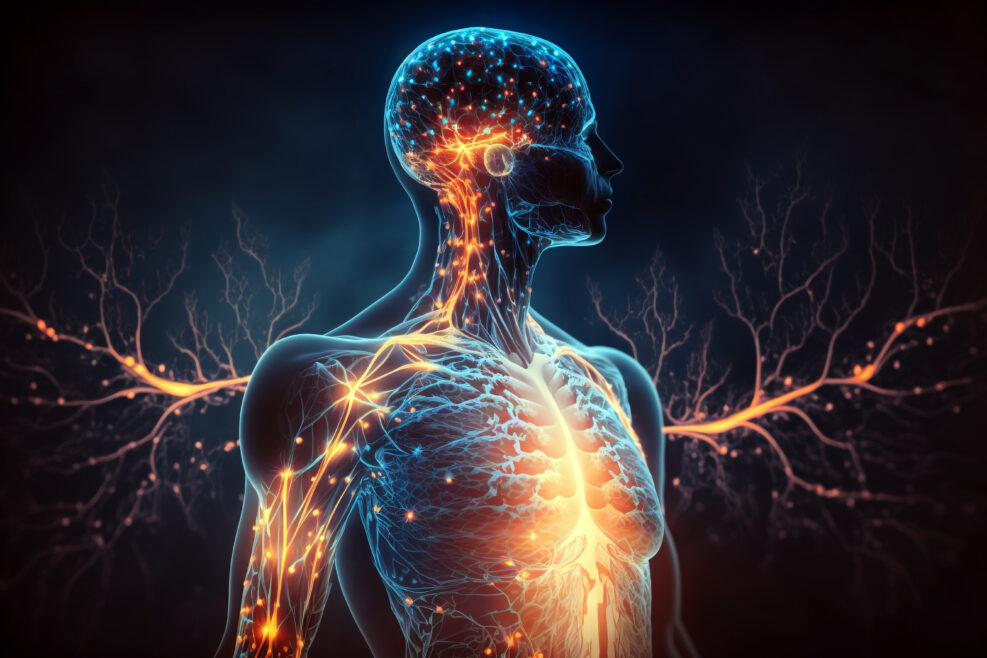 Human body with glowing neurons visualization. Generative AI illustration