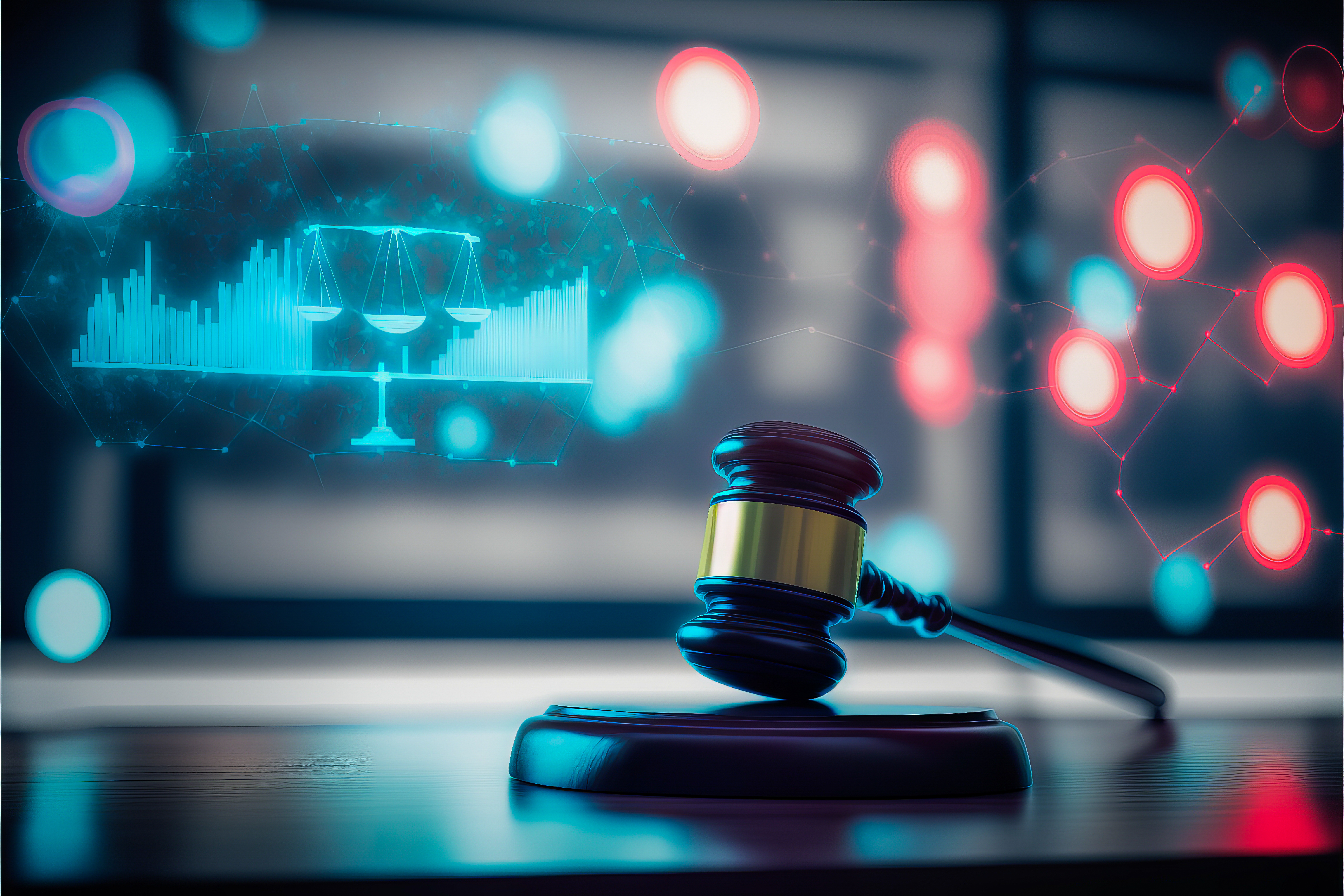 The imposing court gavel in the digital environment symbolizes the decision and legal protection for large companies. Generative AI