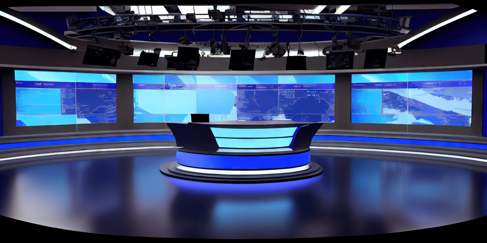 TV News studio - recording and broadcasting media in a modern set design with blue background for journalists. Generative AI