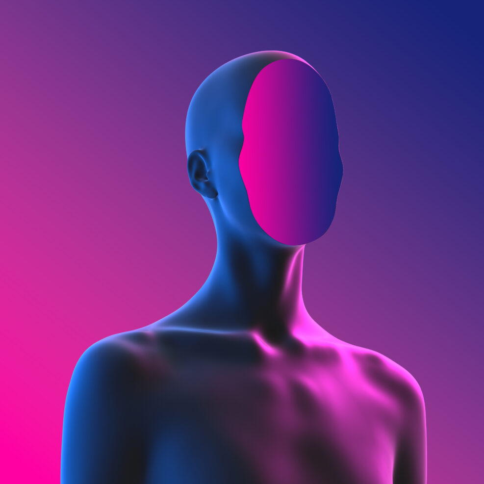 Abstract creative illustration from 3D rendering of female bust figure with flat anonymous face isolated on gradient background in vaporwave style colors.