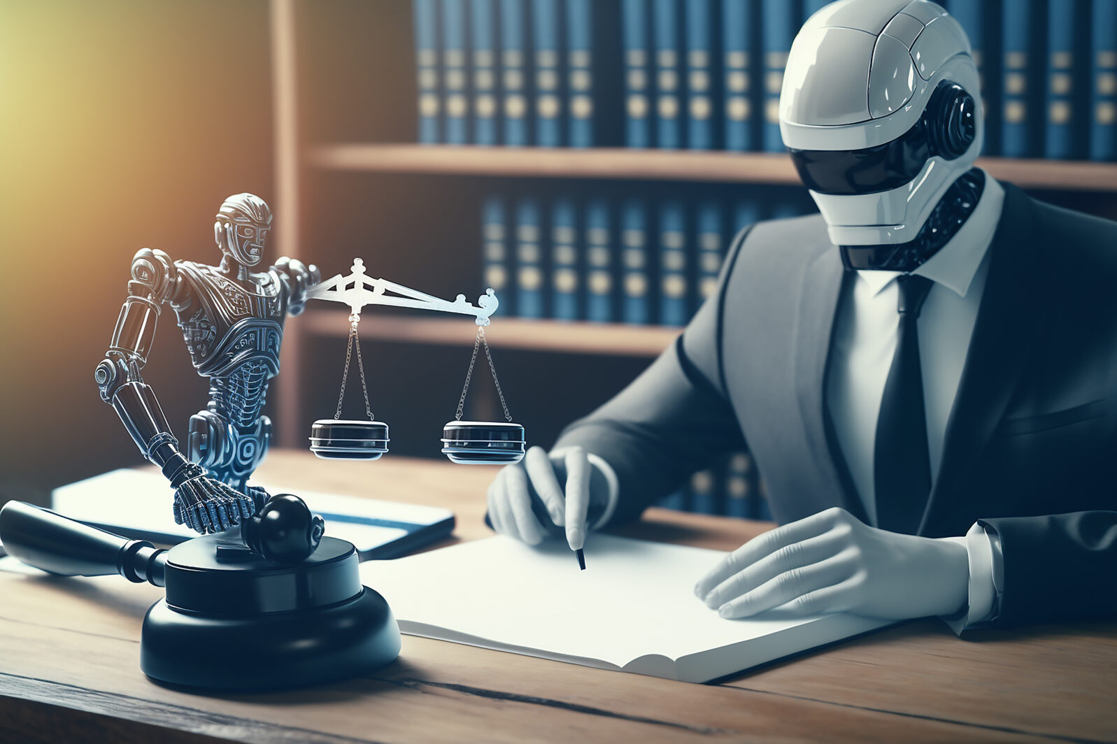 AI related law concept shown by robot hand using lawyer working tools in lawyers office with legal astute icons depicting artificial intelligence law . GEnerative IA