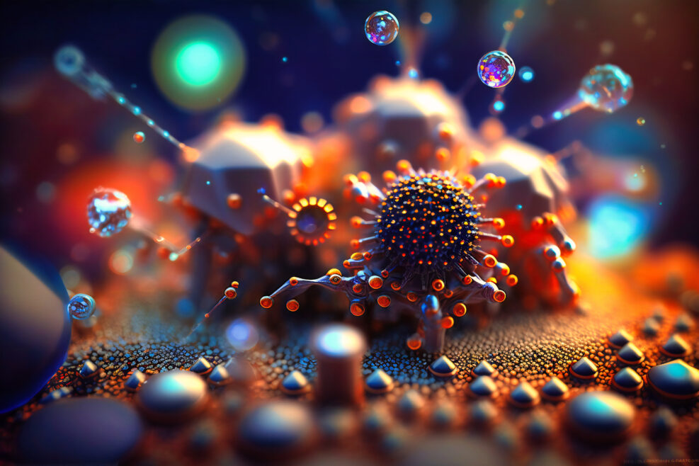 An intricate and detailed microscopic view of a nanotechnology-powered environment, showcasing nanobots and nanostructures