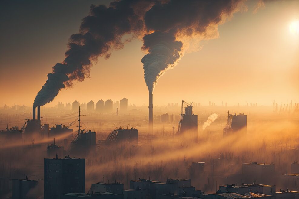 industrial pollution at sunset with smokestacks emitting smoke. Generative AI