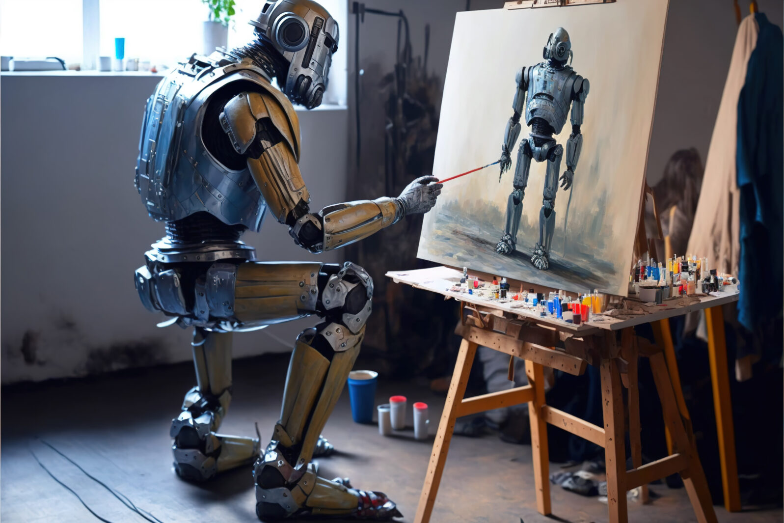 Robot paints picture at home, humanoid robot creating as artist, generative AI.