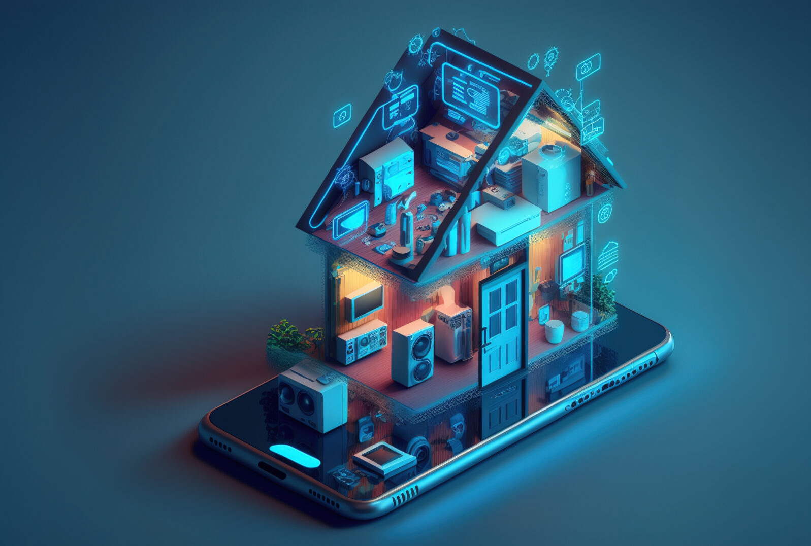 Smartphone screen with smart home technologies on a blue backdrop. Internet of things isometric conceptual image. Digital Residence utilizing a mobile phone's fingerprint to get access to IOT systems