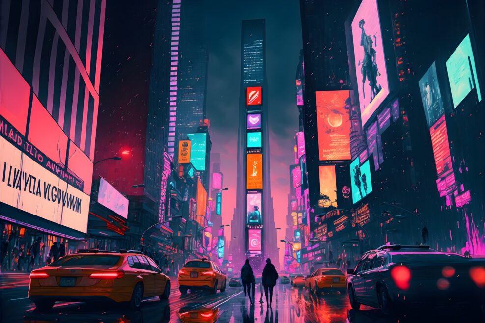 surreal This futuristic new york city is a hub of technological innovation with holographic advertisements robots highspeed trains flying cars and personal drones It is a melting pot of cultures and