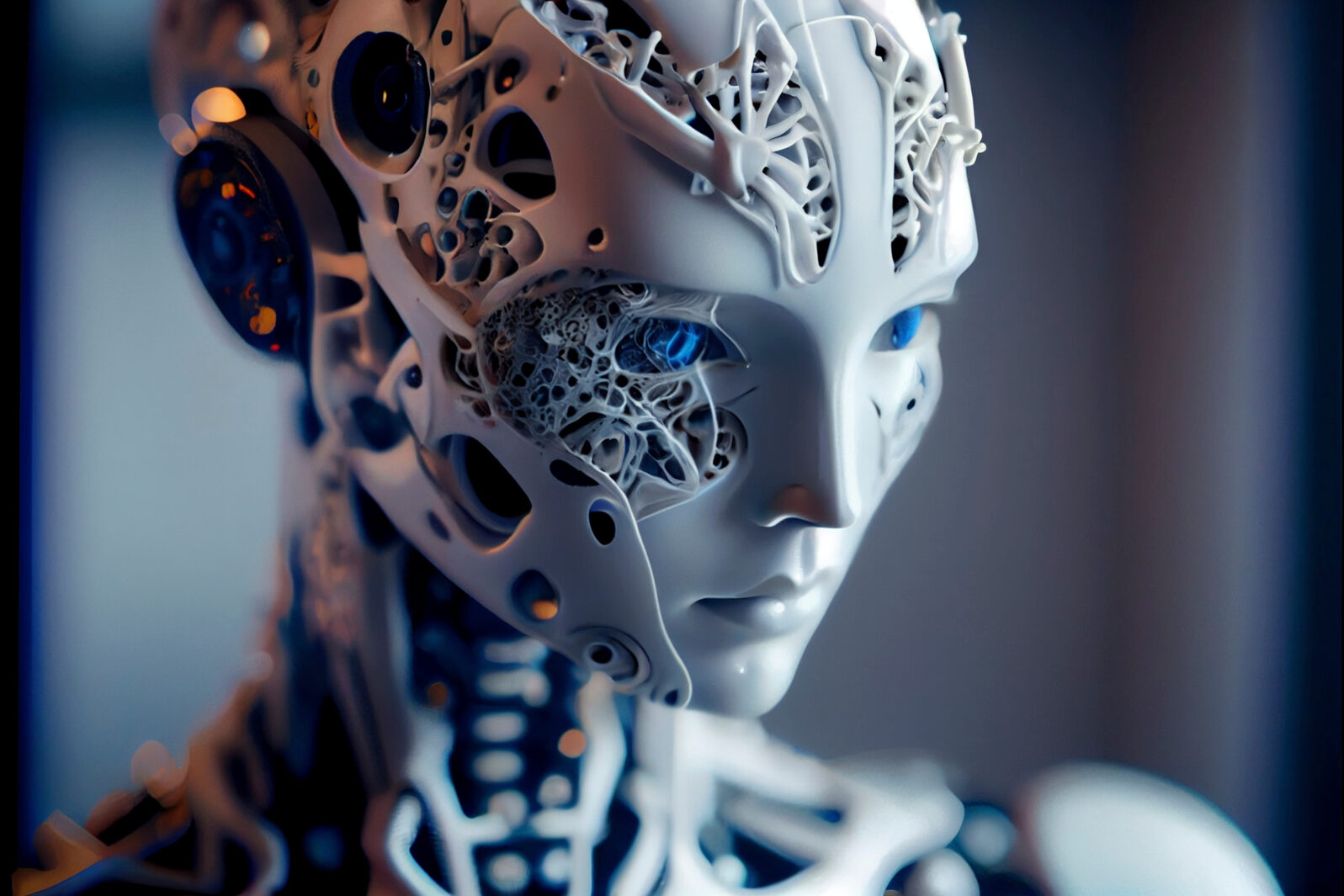 The Flow of Time: A Close-Up Portrait of an Incomplete Humanoid Android Covered in White Porcelain Skin, Blue Eyes, and Glowing Internal Parts.