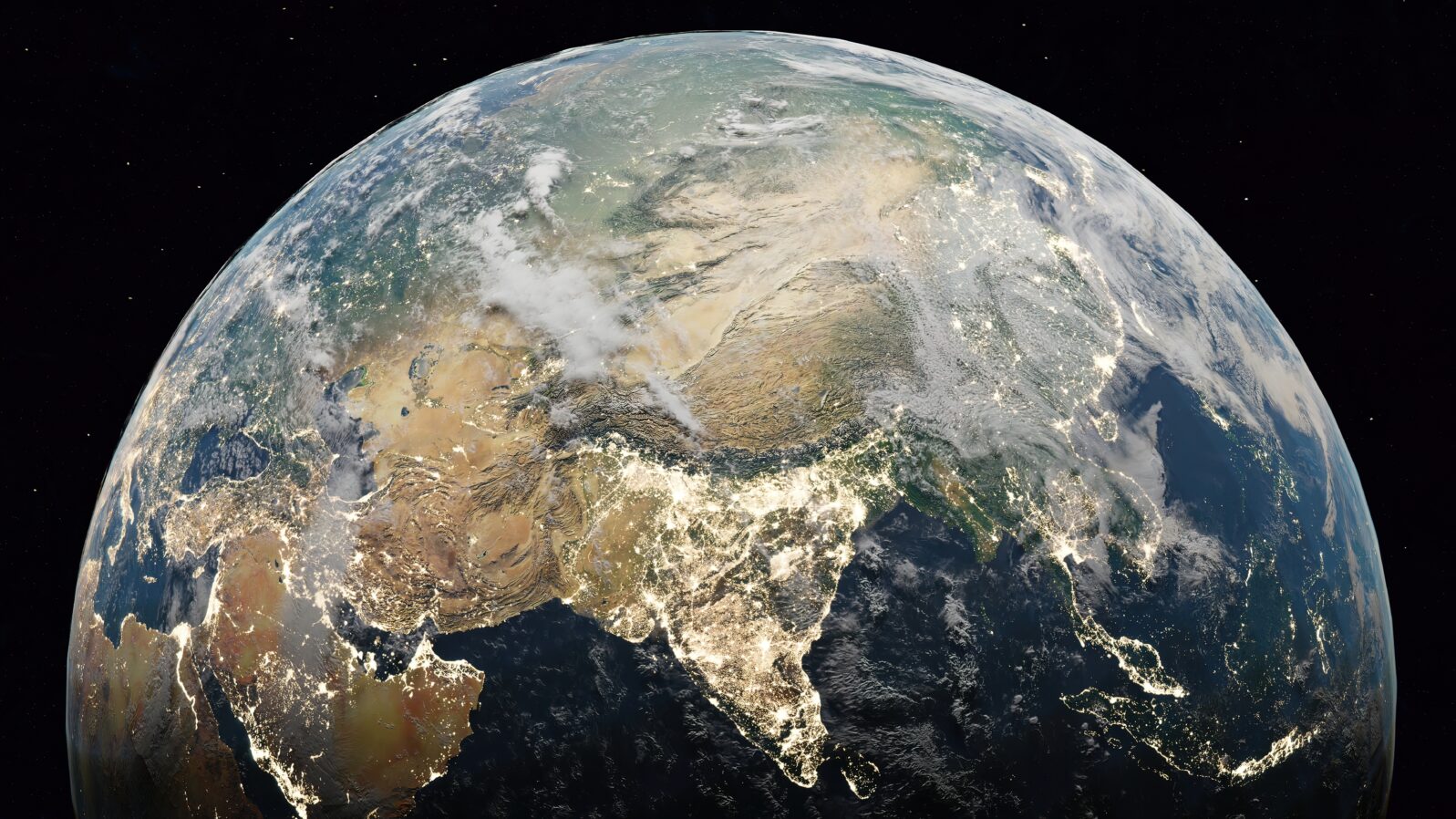 View from space of orbiting mother earth; view of China, South East Asia, India