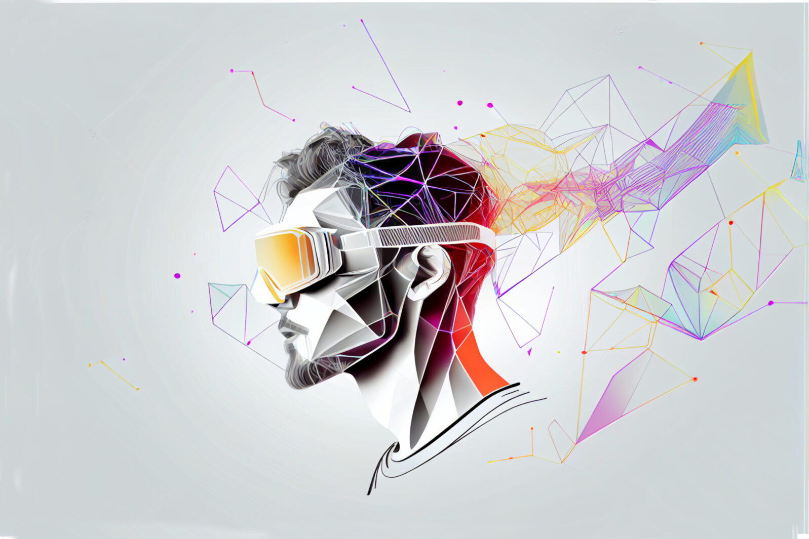 VR virtual reality headset goggles worn by man 3D illustration with colorful abstract art showing creativity, fun, metaverse and more, with a white background.